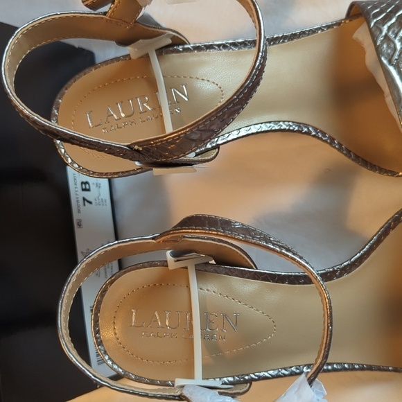 Lauren Ralph Lauren 7B snakeskin, genuine, leather, silver high heel sandals - Picture 2 of 9